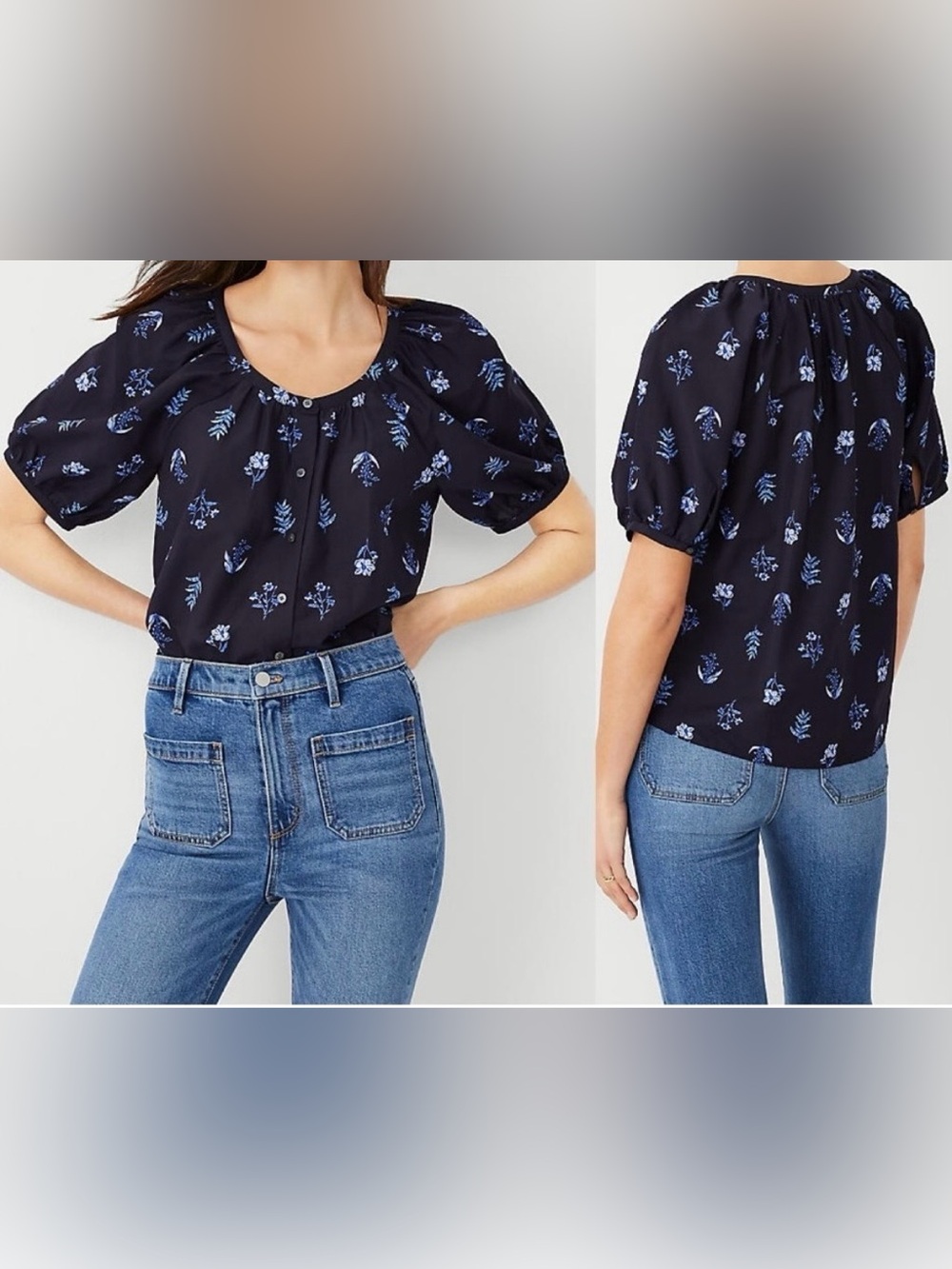 Ann Taylor Women’s Floral Cotton Blend Blouson Sleeve Button Top in Night Sky